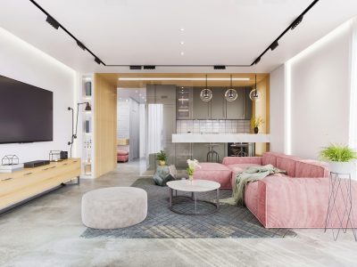 Large open space interior with living room, and kitchen in the back. Large TV on the wall. sofa with coffee table and pouf. Render