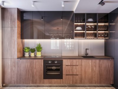 Modern kitchen with wooden and glass cabinets, kitchen appliances, dishes, greens and large window. Daylight render