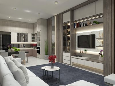 Luxury interior living room apartment integrate with kitchen area. In the room include sofa, tv cabinet and dining table.